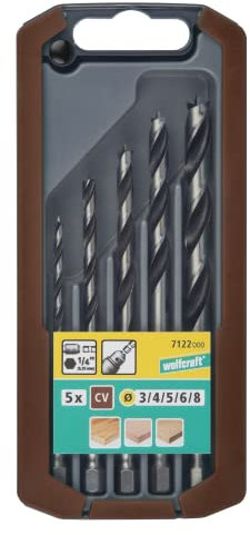 wolfcraft Holzspiralbohrer-Set, Sechskant-Schaft, Ø 3-8 mm, 5-tlg. I 7122000 I Für Bohrungen in Weichholz