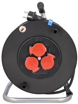 as - Schwabe Baustellen-Kabeltrommel, 40 m H07RN-F 3G1,5 Leitung 230V / 16A, mit 3 roten Schutzkontaktsteckdosen inkl. Klappdeckel & Thermoschutzschalter, IP44, Made in Germany, Schwarz, 10129