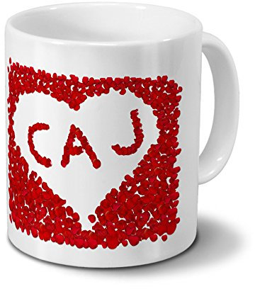 Tasse mit Namen Caj - Motiv Rosenherz - Namenstasse, Kaffeebecher, Mug, Becher, Kaffeetasse - Farbe Weiß