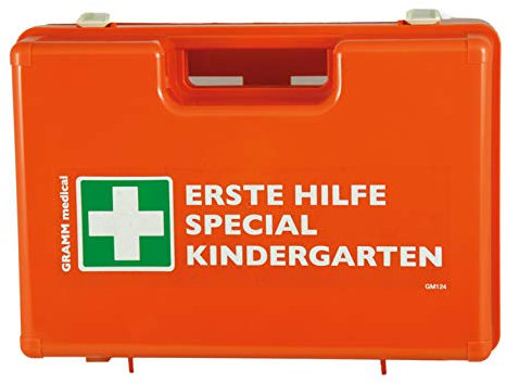 ACTIOMEDIC Erste-Hilfe-Kasten KINDERGARTEN, DIN 13157:2021, Notfallkoffer mit Wandhalterung, mehrsprachige Beschriftung, orange, 34 x 12 x 24 cm