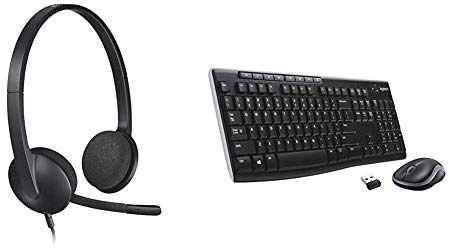 Logitech H340 USB Headset for PC and Mac & MK270 Wireless Keyboard and Mouse Combo for Windows, Long Range Wireless Connection, 2.4 GHz Wireless