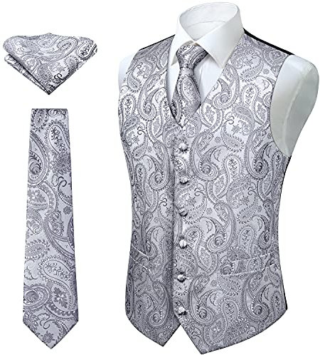 Enlision Herren Paisley Blumenhochzeit Jacquard Weste & Krawatte und Pocket Square Weste Anzug Set Grau