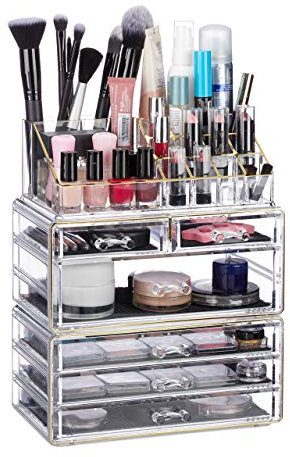 Relaxdays 1 x Kosmetikorganizer mit 6 Schubladen, 22 Fächer Make Up Organizer, Schmink-Aufbewahrung Acryl, transparent/gold
