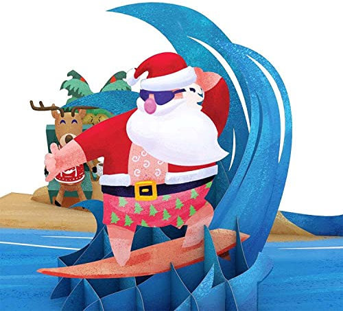 Lovepop® 3D Pop-Up Karte Weihnachten Santa surfing lustigeWeihnachtskarte surfender Weihnachtsmann | Versteckfach für Geld & Gutscheine | inkl. Umschlag & ausziehbare Notiz