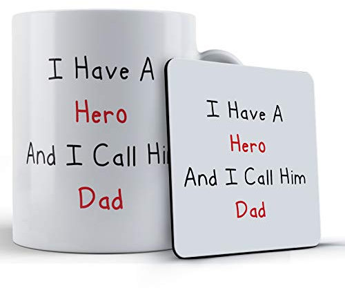 Funny Mug Superhero Dad, Father, Son, Daughter, I Have A Hero and I Call Him Dad - Gift Mug & Coaster, Ceramic, 11 fl. oz.