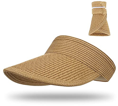 LADES DIRERCT Breite Krempe Strohhut Damen Faltbar Visor Cap Sonnenhut für Sommer Stroh Hut Einstellbar (Khaki)