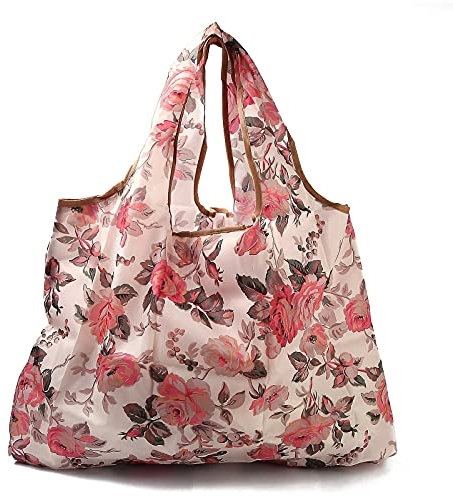 BEEFLYING 3 Stück Faltbare Nylon-Einkaufstaschen Wiederverwendbare Wasserdichte Einkaufstaschen Rosenmuster Mit Beutel Und Taschengriff (52.5x60x0.15cm)