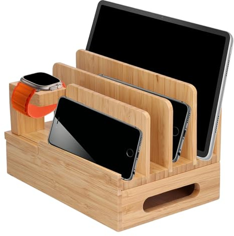 Yuecoom Bambus-Ladestation mehrere Geräte, USB-Ladedose,Mehrere Geräte Abnehmbar Multifunktionelle Ladestation,Desktop Organizer für mehrere Geräte