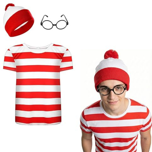 Dreamzfit® Men's Book Week Fancy Dress Kit Deluxe Red & White Striped Shirt, Bobble Hat & Glasses Set Perfect Stag Do, Costume Party & World Book Day Outfit