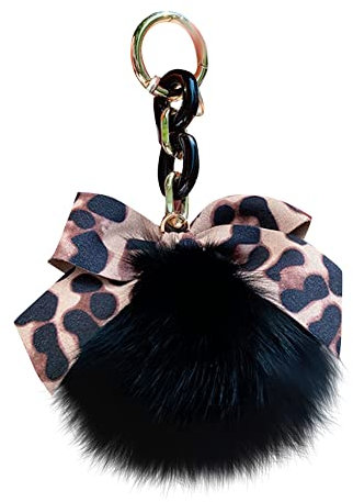 Asudaro Pompom Schlüsselanhänger, Flauschige Faux Plüsch Pompom Ball Tasche Anhänger Fuchspelz Taschenanhänger Mode Leopard Fliege für Frau Auto Spielzeug Schlüsselanhänger,Schwarz