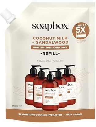 Soapbox Recambio de jabón de manos líquido, leche de coco y sándalo, vegano, sin parabenos, hidratante, lavado de manos natural para cocina y baño, repuesto de medio galón de 64 onzas (paquete de 1)