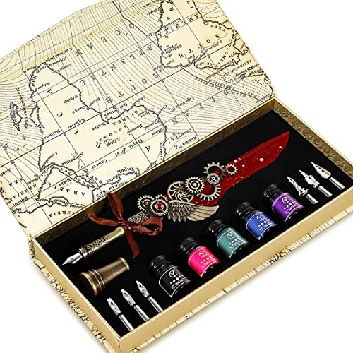 YICMY Kalligraphie Set, Schreibfeder Kaligraphiestifte Set Vintage Federstift Tinte Set, Feder Kalligraphie Stift für anfänger, Antikes Schreibwaren-Geschenk für Weihnachten, Valentinstag