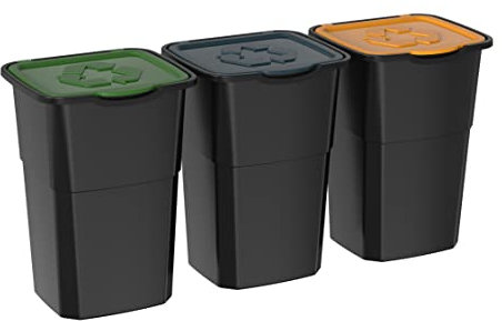 DEA HOME Cubo de basura de reciclaje ECO3, kit de 3 cubos de basura de 50 l, de plástico para interior y exterior, art. 434, diámetro 39 x 36 x 54 cm, color negro