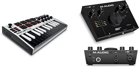 AKAI Professional MPK Mini MK3 White con interfaz audio AIR 192|4 de M-Audio - Teclado Controlador MIDI USB de 25 Teclas y 8 Drum Pads con Tarjeta de sonido USB y software de producción musical