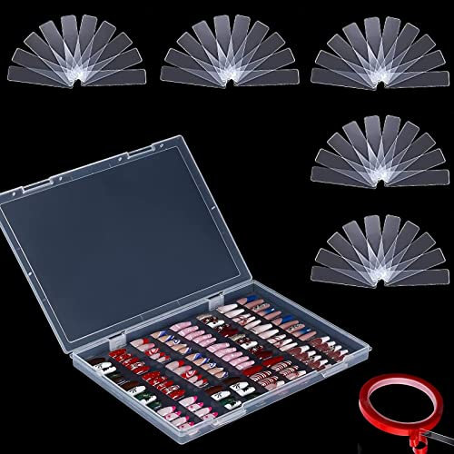 RUNRAYAY Nail Art Display Stand Holder Set, 1 Large Clear Press on Nails Storage Box & 50Pcs Arcylic Nail Display Sticks & 10M Double Sided Tape for Acrylic Nails Practice Salon