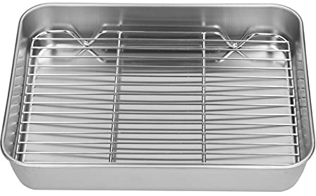 PLPLAAOO Bandeja para Asar con Rejilla, Asador de Acero Inoxidable Rectangular Antiadherente Fácil de Limpiar, Juego de Rejilla, Plato Hondo para Hornear (26.5*20.5*5CM)