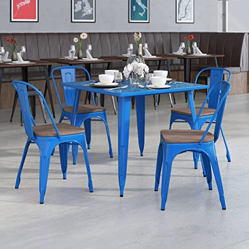 EMMA + OLIVER 4 Pack Blue Metal Stackable Dining Chair with Wood Seat - Restaurant Chair - Bistro Chair