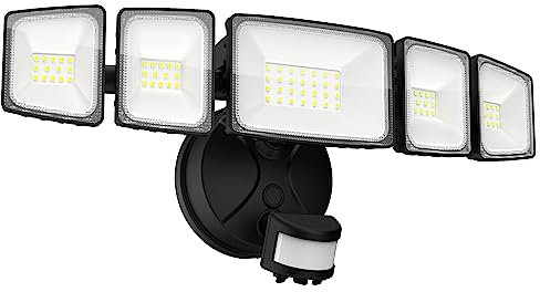 Onforu 5 Köpfe 55W LED Strahler mit Bewegungsmelder Außen, 340° Vollwinkel Aussenleuchte, 4500 LM LED Fluter, 6500 K LED Scheinwerfer, IP65 Waterproof Fluterlicht für Garage,Garten