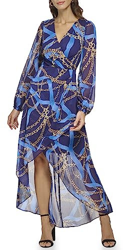 GUESS Damen Langarm Schal Print Chiffon Maxikleid, Tinte Multi, 32