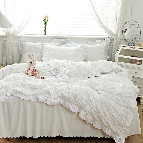 GETIYA Romantisch Bettwäsche 135x200 4Teilig Weiß Seersucker Bettwäsche mit Rüschen Weich Mikrofaser Bettwäsche Damen Mädchen Seersucker Bettbezug Weiß mit 2 Kissenbezug 80x80