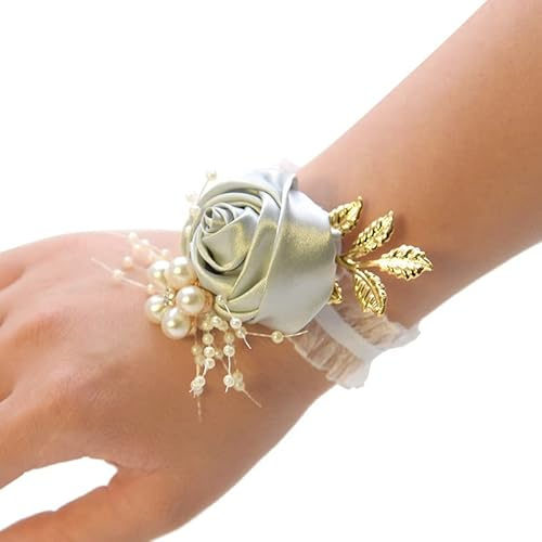 SYSUII Hochzeit Handgelenk Blumen,Blumenarmband Hand Rose Blumen Perle Armband Hochzeit Blumen Handgelenk Corsage Armreif für Frauen Mädchen Geschenk Braut Brautjungfer Weihnachten Prom Party -Grau