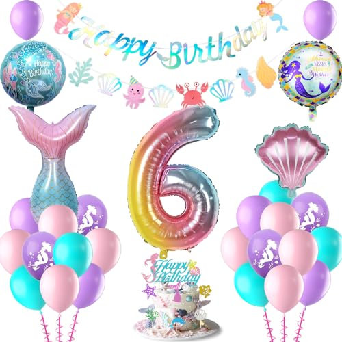 Meerjungfrau Geburtstag Deko 6 Jahre, Meerjungfrau kindergeburtstag deko, Geburtstagsdeko Mädchen 6 Jahre, Happy Birthday Girlande Konfetti-Ballon Tortendeko Meerjungfrau Deko Kindergeburtstag