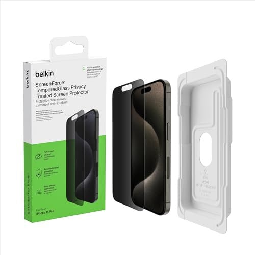 Belkin ScreenForce TemperedGlass - Protector de pantalla para iPhone 15 Pro (protector de pantalla antimicrobiano, fino y resistente a los arañazos, incluye funda de posicionamiento para aplicación