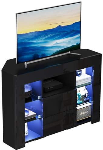 Dripex TV Lowboard Eckschrank Eckkommode mit RGB LED Beleuchtung Fernsehtisch Fernsehschrank 100x68x40 cm, Schwarz Hochglanz