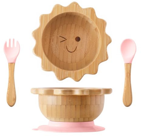 let's make Bamboo Suction Bowl for Baby Kid Toddler Bowl Spoon Fork Set with Removable Silicone Suction All-Natural Baby Feeding Set for Baby-Led Weaning Fits Feeding High Chair Table