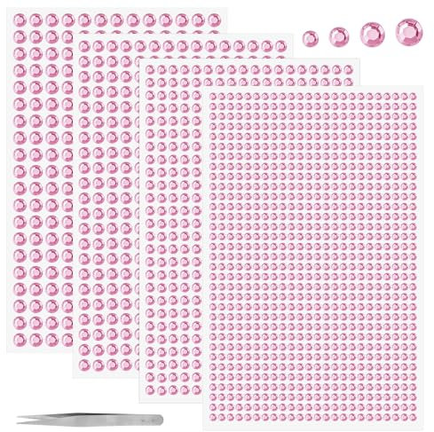 Glitzersteine Selbstklebend,1900 Stück Strasssteine Selbstklebend,3/4/5/6mm Runde Schmucksteine zum Aufkleben Pinzette für Kinder Handwerke (PINK)