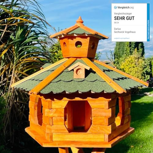 DARLUX Handgefertigtes wetterfestes Sechseck XXL Vogelhaus ohne Ständer | Vogelfutterstation, lasiert, Outdoor, Garten, Balkon, Futterhaus, Futterhäuschen (Größe XXL ohne Ständer, Grün - Braun)