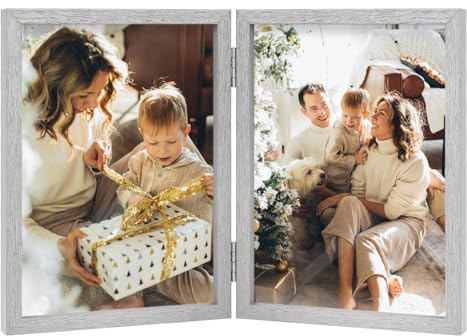 AVEAX Double Photo Frame 4x6 Hinged Wood Picture Frame Real Glass, Silver | Real Glass Front, Durable Engineered Wood, Hinged Folding Frame, Vertical Desktop Stand