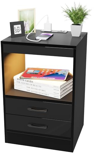 PIPIPOXER Nachttisch mit LED Beleuchtung, Beistelltisch in Schwarz mit Steckdose, Nachttische aus Holz mit 2 Schubladen Nachschrank für Wohnzimmer,Schlafzimmer Bett 40x35x60cm Schwarz