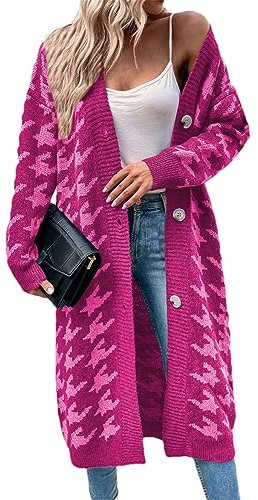 Donne Moda Monopetto Maglione Cappotto Lungo Cardigan Lavorato A Maglia Vestiti Invernali Donne Maglioni Spessi, Fucsia, M