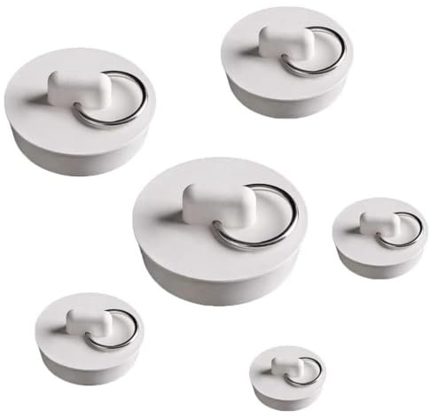 KOMUNJ 6 tapones de goma para lavabo con anillo colgante, 6 tamaños, color blanco