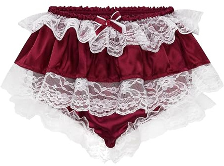 Satini Con Volant Pizzo Femminuccia Pieghettato Culotte Slip Lingerie Setoso Raso Biancheria Intima Mutandine (Rosso Vino, M)