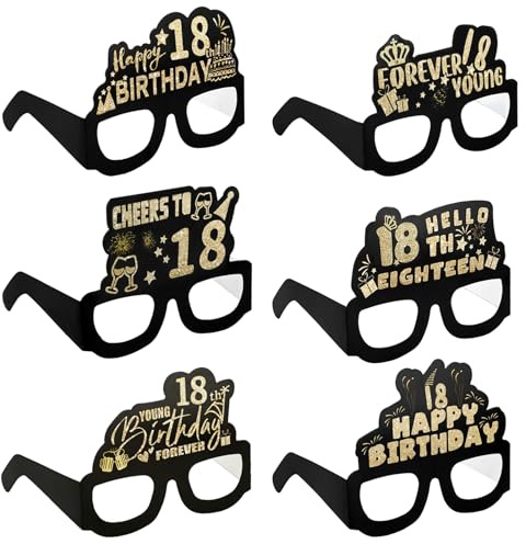 6 Stück Brille Zum 18. Geburtstag,Partybrillen Happy Birthday 18th Partybrille 3d Happy Birthday Party Paper Eyeglasses,Glitter Papier 3D Party Brille für Frau Mann 18. Geburtstag Deko