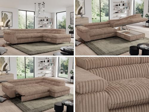 MKS MEBLE Cord Sofa L, Wohnlandschaft L-Form mit Schlaffunktion und Bettkasten, Schlafsofa mit Bettkasten, Ecksofa, Sofa mit Einstellbare Kopfstützen, Pedro L - Braun Cord - Rechts