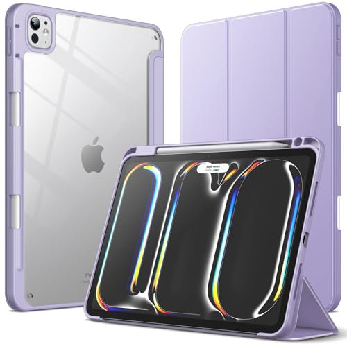 JETech Custodia per iPad Pro 11 Pollici M5/M4 2025/2024 (6a/5a Generazione) con Portapenne, Chiaro Trasparente Retro Conchiglia Sottile Supporto Antiurto Tablet Cover (Viola)