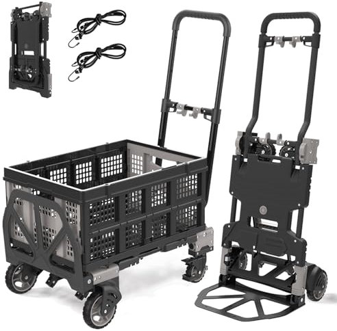 2-in-1 Klappbarer Sackkarre Transportkarre, 150KG Plattformwagen mit Klappbox Kunststoff Box, Multifunktionskarre Transportwagen mit 2 Elastische Schnüre und einziehbarem Griff Handwagen