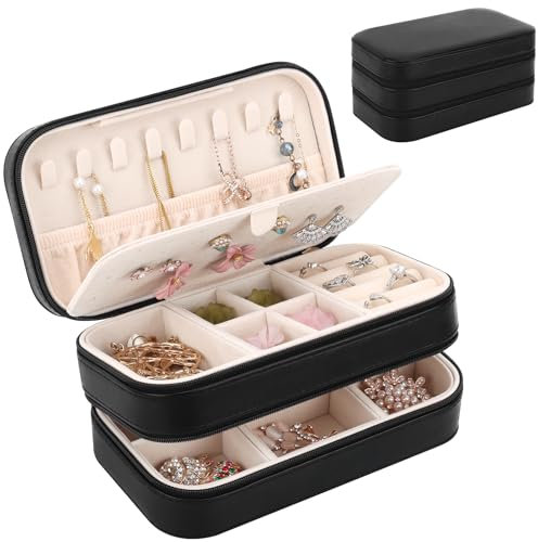 DesignSter Schmuckkästchen Reise, Kleine Tragbar Schmuckkasten Damen mit 2 Reißverschlüssen für Ringe, Ohrringe, Halsketten, 2 Ebenen Schmuckaufbewahrung, Schmuckkoffer, Schwarz