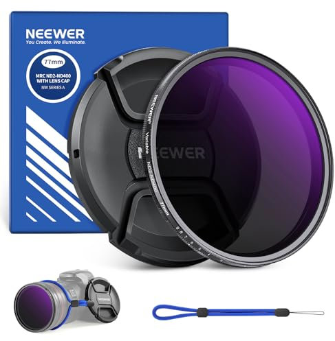 NEEWER 77mm Filtro ND2-ND400 Variabile (1-9 Stop) con Copriobiettivo, Cordino, Panno da Pulizia, Regolazione Precisa della Densità Neutra, Vetro Ottico Multistrato, Anti Impronte Digitali e Antigraffi