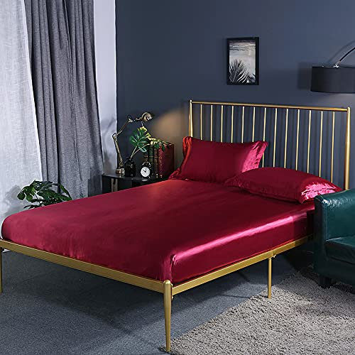 Lujoso juego de sábanas bajeras de seda satinada con fundas de almohada, funda de colchón suave y lisa con banda elástica color vino tinto, ropa de cama doble pequeña de 120 x 200 cm