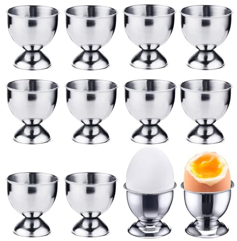 thirei Eierbecher Rostfreier Stahl 12 Stück, Stapelbar Geschirr Eierhalter, Tablett Frühstück Egg Cup Halte, Kleine Weinglasform, Eierköpfer Set, für Weiches Harte Gekochtes Eier, Silver