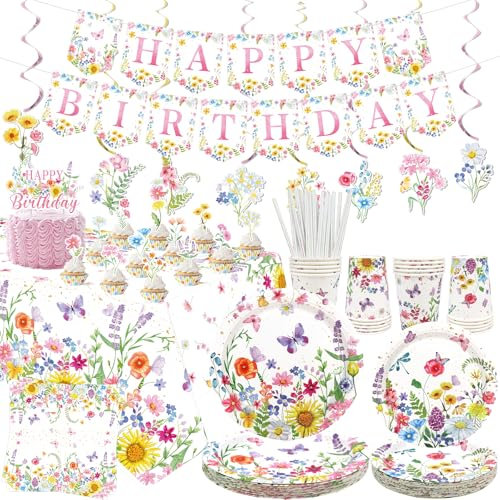 Wildblumen-Party-Dekorationen, florales Geburtstagsparty-Zubehör, Teller, Becher, Servietten, Tischdecke, Happy Birthday-Banner, Kuchendekoration, hängende Wirbel für Frühling, Sommer, Picknicks,