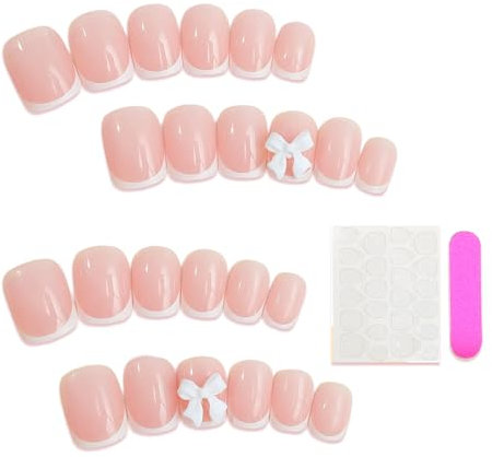 24Pcs French Tip False Nails, Square Press on Nail Short with Glue, Fake Stick on Nails French Tip Bow, White Nail Tips for Women Girls Nails Art (pink-A, Medium)