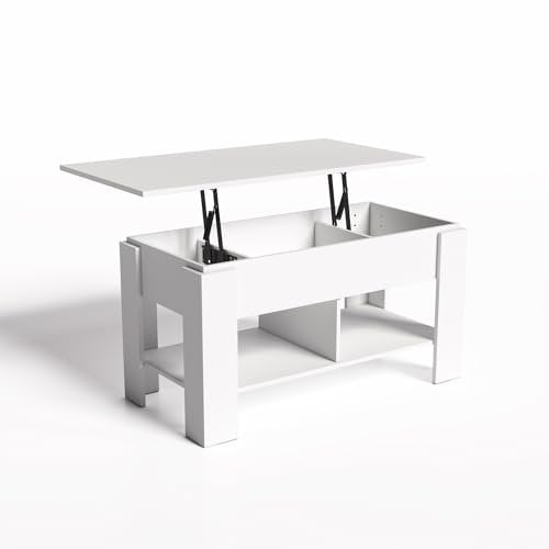 FurnitureR Couchtisch mit Hebeplatte, Beistelltisch höhenverstellbar, Kaffeetisch Wohnzimmertisch Sofatisch ausziehbar, mit versteckem Stauraum, aus Holzwerkstoff, Lift-Top-Tisch weiß