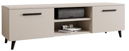MATKAM Fernsehkommode Bergen, H47 x B150 x T40 cm, EIN offenes Regalfach in der Mitte, Links und rechts Regale mit Türen, konische Beine (Kaschmir)