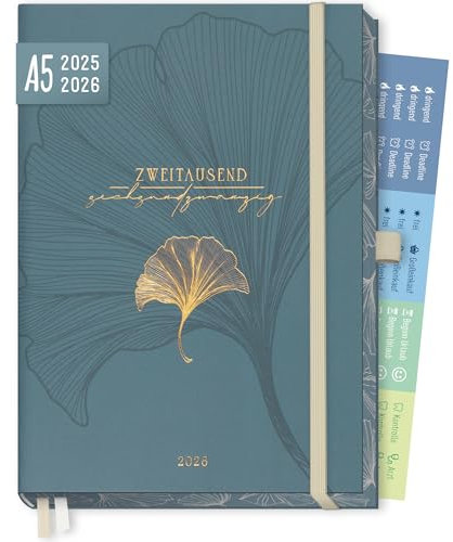 Häfft® Business-Timer Deluxe 2025/2026 A5 Blue Ginkgo Buchkalender 18 Monate: Juli 2025 bis Dez. 2026 - Terminplaner, Wochenkalender, Terminkalender, Wochenplaner - nachhaltig & klimafreundlich