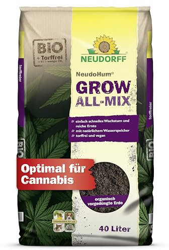 Neudorff NeudoHum Grow All-Mix – Bio Cannabis Erde für schnelles Wachstum und eine reiche, gehaltvolle Ernte. Torffrei und für alle Wachstumsphasen, 40 Liter